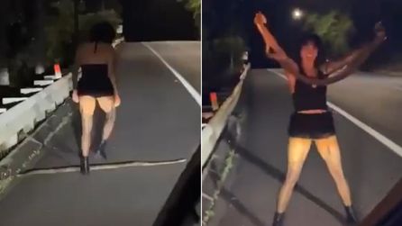 Yolda dev yılanla karşılaşan çiftin ilginç anları kaydedildi