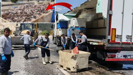 Mersin'de tır dorsesindeki patlama, 15 ton balık atığını yola döktü