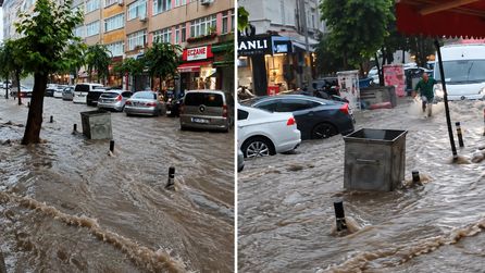 İstanbul'da sağanak yağış çöp konteynerini sürükledi