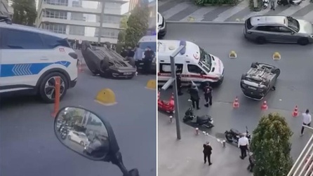 Maslak'ta otomobil dubalara çarpıp takla attı, sürücü ayakta tedavi edildi