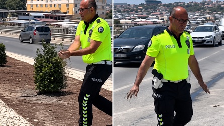 Hatay'da polis, motor yağı dökülen yolda önlem aldı