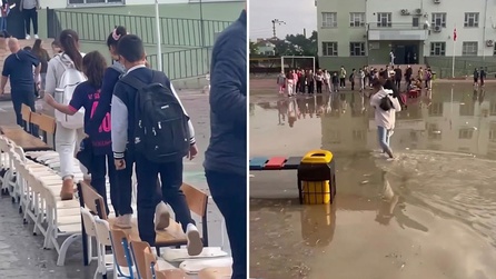 Nusaybin'de sağanak yağış okul bahçesini suyla doldurdu
